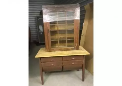 Antique flour table and glass paned cabinet..2 pieces