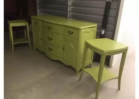 Antiqued large dresser and 2 night tables